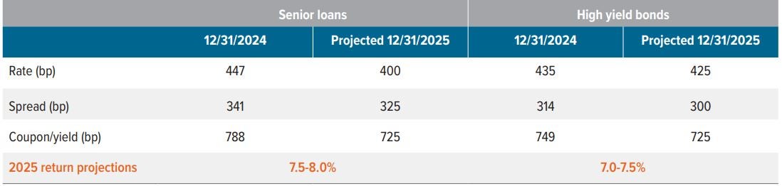 We project that leveraged credit markets will deliver attractive returns in 2025, driven by high starting yields 